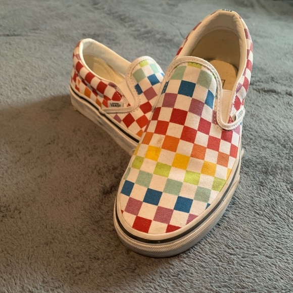 rainbow checkered slip ons